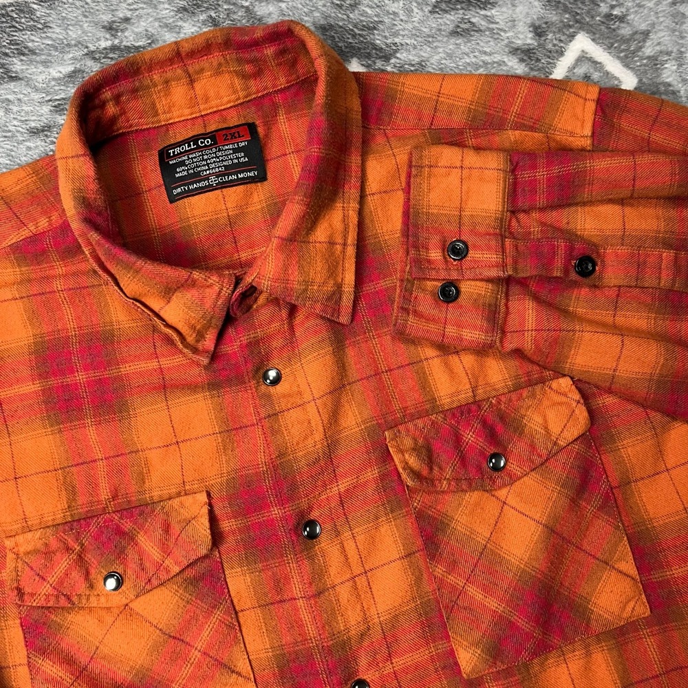 Troll Co. Dirty Hands Clean Money Flannel Shirt Mens 2XL Orange Red Plaid